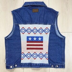 VTG‎ Pendleton Originals Women's L Denim Vest Wool Blanket Back USA Flag Aztec